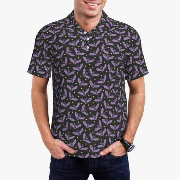 Daiia Bat Purple Pattern Men’s Polo Shirts,Solid Deck Shirt,Classic Fit, Breathable Cotton Polo for Casual and Sport Wear-XX-Large