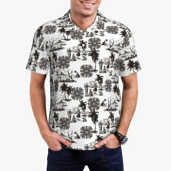 Daiia Beach Pattern Men’s Polo Shirts,Solid Deck Shirt,Classic Fit, Breathable Cotton Polo for Casual and Sport Wear-Small