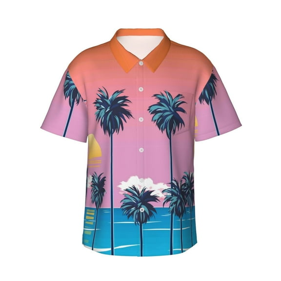 Daiia Beach with Palm Trees Hawaiian Shirt for Men Gentle Cotton Regular Short Sleeve Casual-Large