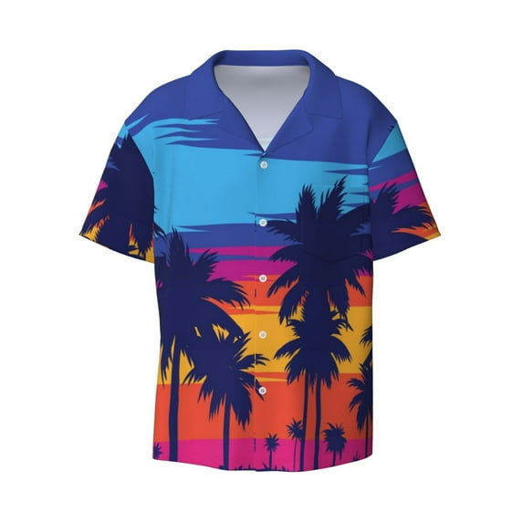 Daiia Beach with Palm Trees Men's Linen Shirts Short Sleeve Casual Shirts Button Down Shirt for Men Beach Summer Wedding Shirt-XX-Large