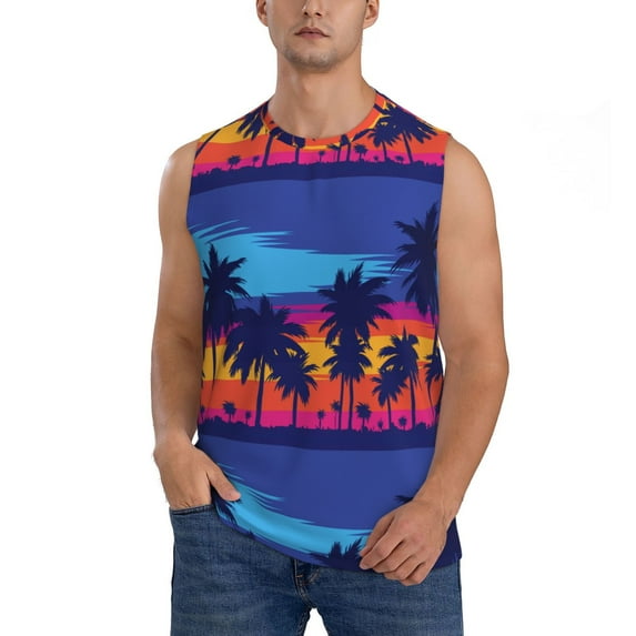 Daiia Beach with Palm Trees Printed Men's Tank Tops,Casual Soft Sleeveless Gym Muscle Shirts Bodybuilding Tee-Medium