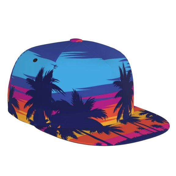 Daiia Beach with Palm Trees print Flat Bill Hats Flat Brim Trucker Cap Baseball Cap Adjustable Classic Low Profile Hat Unconstructed Plain Cap
