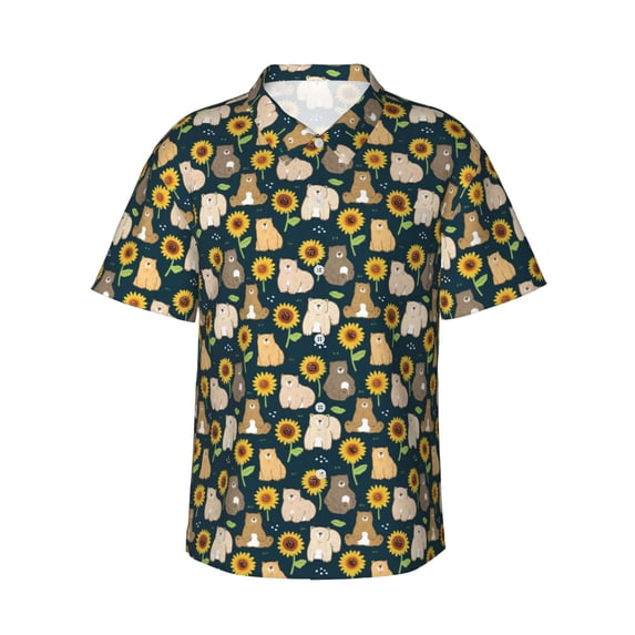 Daiia Bear Sunflower Hawaiian Shirt for Men Gentle Cotton Regular Short Sleeve Casual-Large