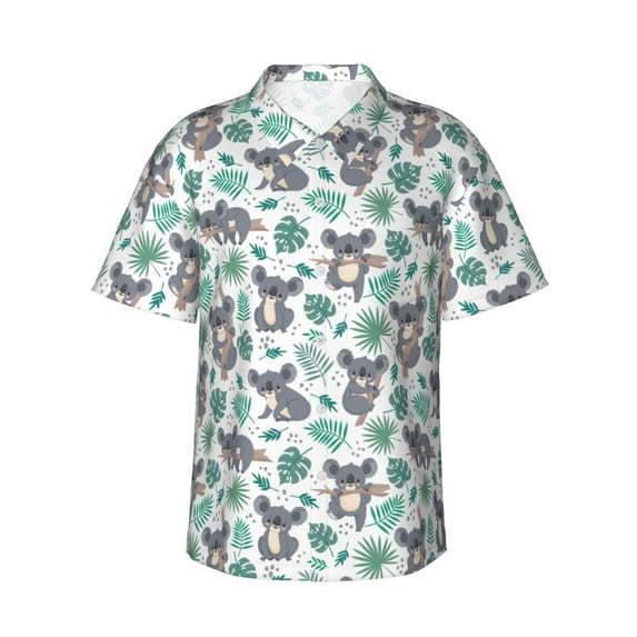 Daiia Bears and Tropical Leaves Hawaiian Shirt for Men Gentle Cotton Regular Short Sleeve Casual-Large