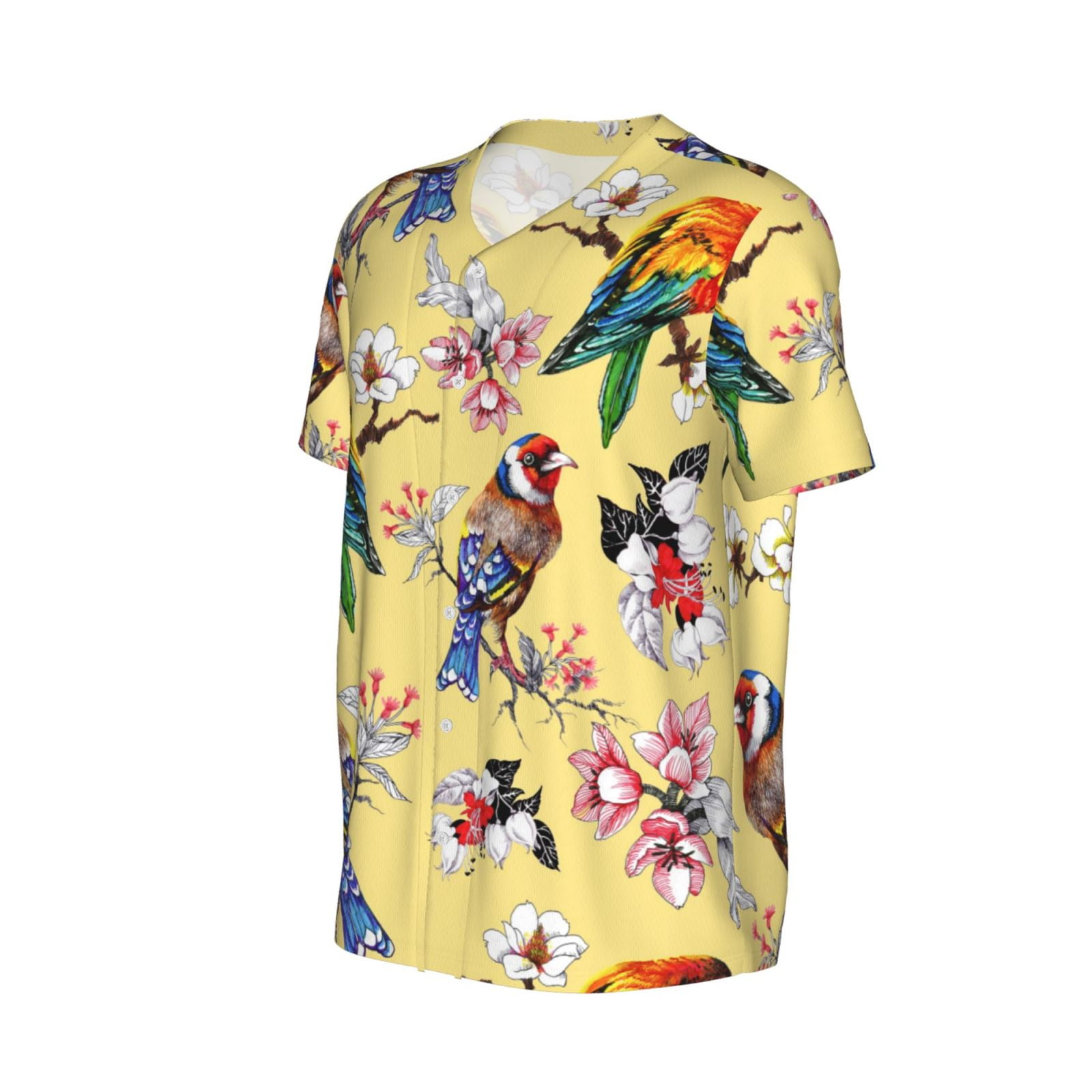 Daiia Beautiful Bright Birds And Flowers Mens Baseball Jersey Button Down Shirts Short Sleeve