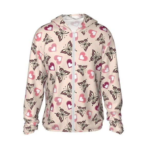 Daiia Beautiful Butterflies and Hearts UPF 50+ Sun Protection Hoodie Jacket Lightweight Long Sleeve Sun Shirt for Women Men with Pocket Hiking Outdoor-Large