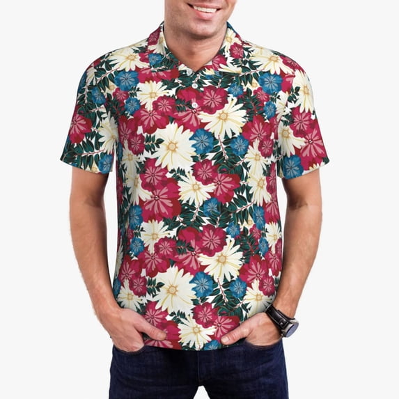 Daiia Beautiful Flower Pattern Men’s Polo Shirts,Solid Deck Shirt,Classic Fit, Breathable Cotton Polo for Casual and Sport Wear-X-Large