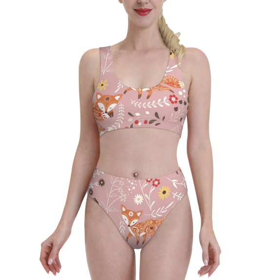 Daiia Beautiful Fox printed 2 piece Swimsuit Bikinis for Women High Waisted Racerback Bathing Suits Summer Tummy Control Scoop Neck Swimwear-Large