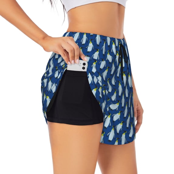 Daiia Beautiful King Penguin Pattern Pattern Women's 2 in 1 Running Shorts - Lightweight Athletic Workout Gym Yoga Shorts Liner with Phone Pockets-Medium
