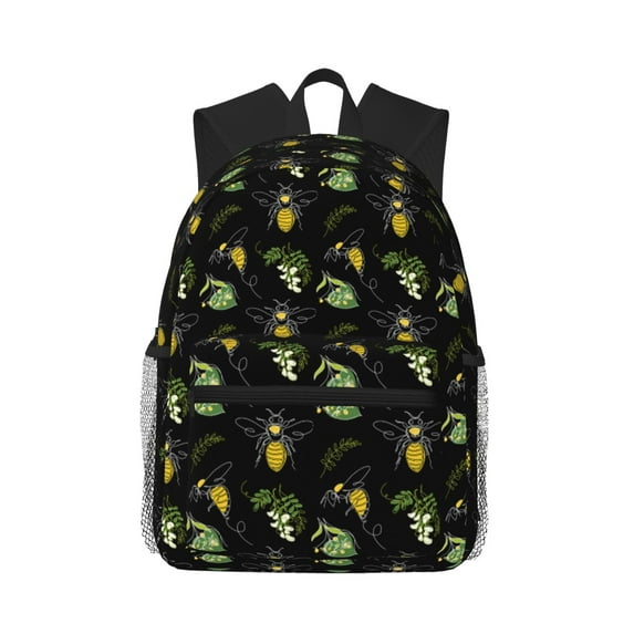 Daiia Bee Floral School Backpack for Men Women, Unisex Large Waterproof Bookbag Schoolbag Casual Daypack for High School/College/Teens/Travel/Work Black