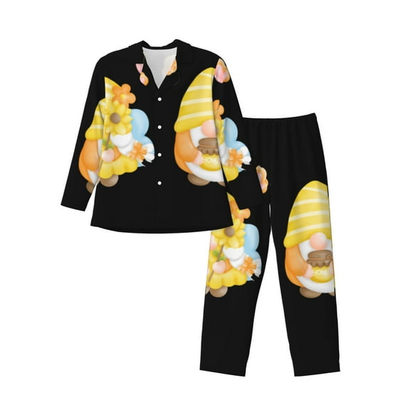 Daiia Bee Happy Sunflower Gnomes for Men's Long-Sleeved Pajama Set – Soft & Comfortable Sleepwear Button-Up Pajamas Cozy Lounge Wear-Large