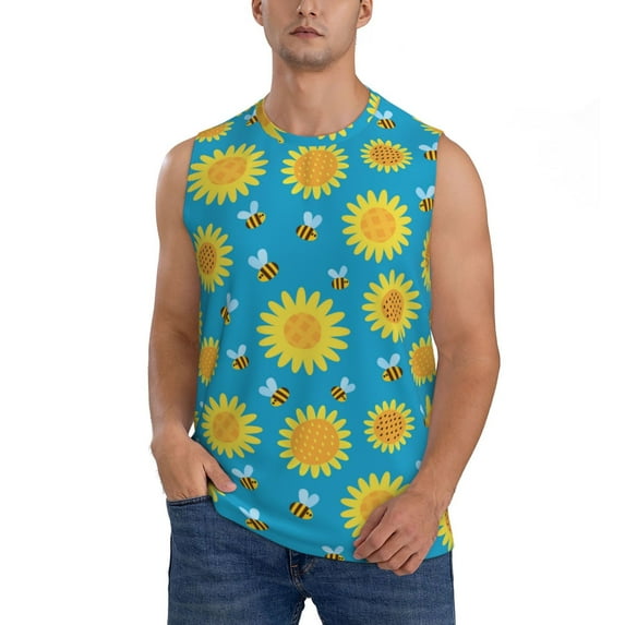 Daiia Bee Sunflower Printed Men's Tank Tops,Casual Soft Sleeveless Gym Muscle Shirts Bodybuilding Tee-Medium