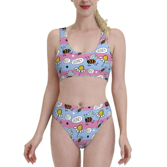 Daiia Bees And Daisies Striped printed 2 piece Swimsuit Bikinis for Women High Waisted Racerback Bathing Suits Summer Tummy Control Scoop Neck Swimwear-Small