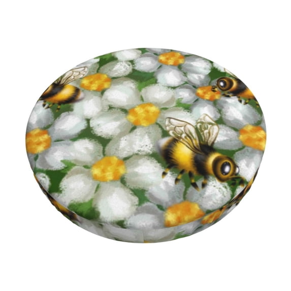Daiia Bees and Flower Stool Covers Round,Round Bar Stool Covers Waterproof Bar Chair Covers Washable Stool Cushion Slipcover for 12-14 Inch Chair-12 inch