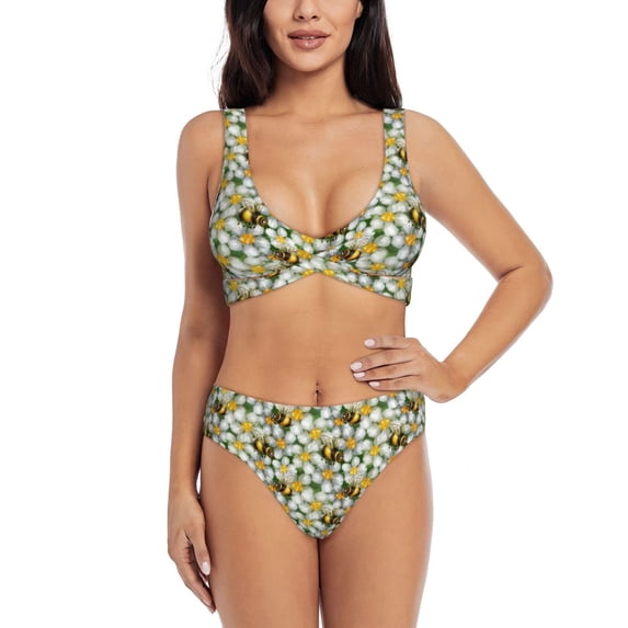 Daiia Bees and Flower Women's Bikini Set Two Piece Swimsuit High Waisted Bikini Adjustable Straps Bikini Perfect for Beach, Pool, and Summer Vacation-Small