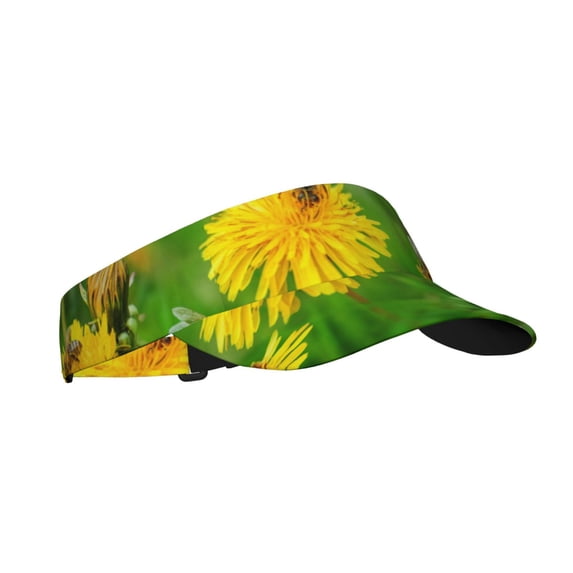 Daiia Bees Pollinates A Yellow Dandelion Pattern Sport Sun Visor Hats Visor Cap Adjustable Empty Top Baseball Cap Cotton Ball Caps for Women and Men
