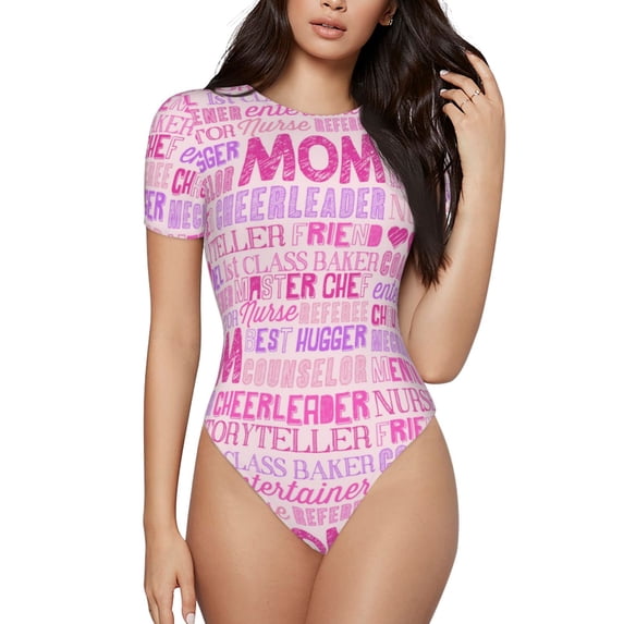 Daiia Best Mom ever print Women's Crew Neck Short Sleeve Bodysuit Fashion Tops Fit Casual Basic Extender Bodysuit-XX-Large