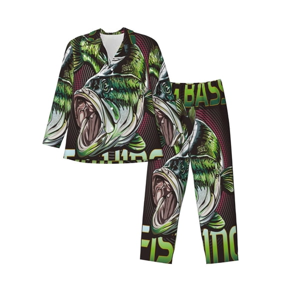 Daiia Big Bass Fish for Men's Long-Sleeved Pajama Set – Soft & Comfortable Sleepwear Button-Up Pajamas Cozy Lounge Wear-Medium
