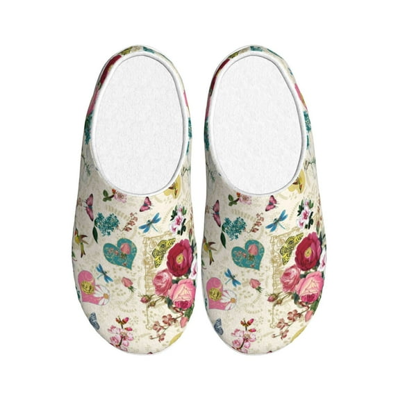 Daiia Bird Butterfly Rose Print Women’s Fuzzy Slippers Memory Foam Lightweight House Shoes Cozy Loafer Flannel House Shoes-46/47