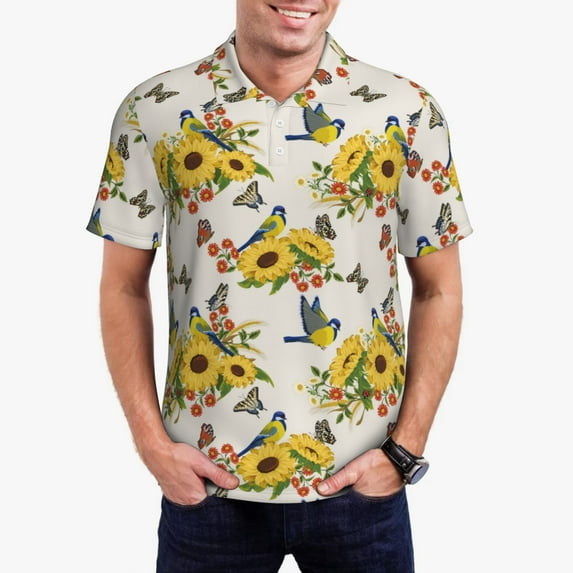 Daiia Bird Sunflowers Pattern Men’s Polo Shirts,Solid Deck Shirt,Classic Fit, Breathable Cotton Polo for Casual and Sport Wear-Small