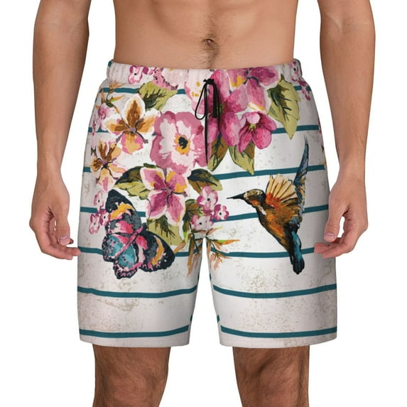 Daiia Bird and Floral Mens Swim Trunks Swim Shorts Quick Dry Swim Shorts with Mesh Lining Pockets-X-Large