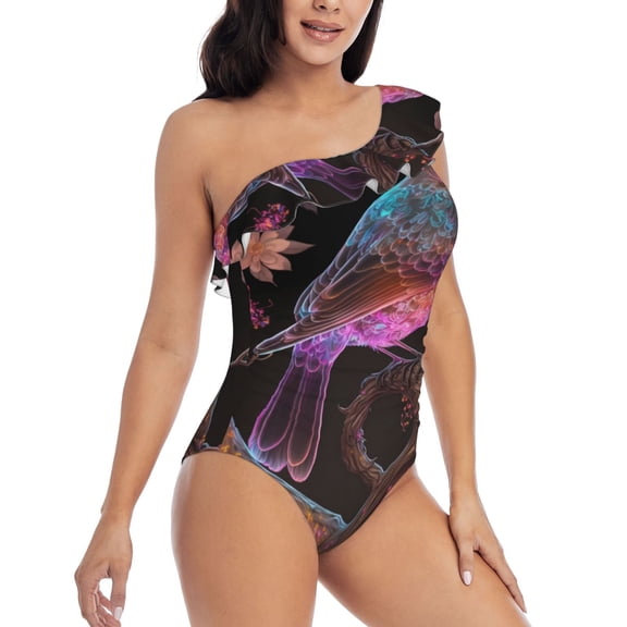 Daiia Bird4 Women's One Piece Swimsuits Personalized One Shoulder Swimwear Asymmetric Ruffle Bathing Suits-Medium
