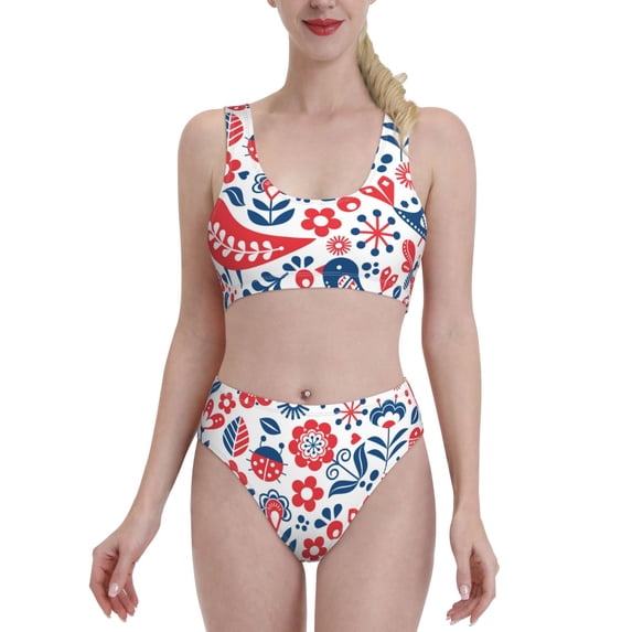 Daiia Birds Flowers printed 2 piece Swimsuit Bikinis for Women High Waisted Racerback Bathing Suits Summer Tummy Control Scoop Neck Swimwear-Small