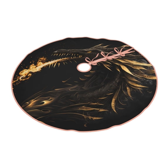 Daiia Black And Gold Fire Dragon Drawing Merry Christmas Tree Skirt , Xmas Large Lace-up Tree Skirt, Santa Snowflakes Rustic Home Decorations New Year Party Farmhouse Decor-30"