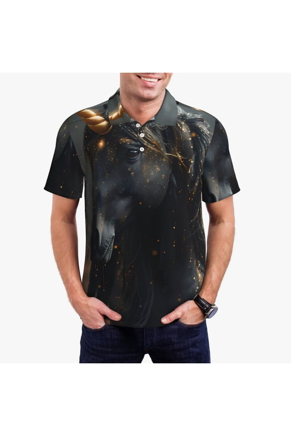 Black And Gold White Horse Pattern Men’s Polo Shirts,Solid Deck Shirt,Classic Fit, Breathable Cotton Polo for Casual and Sport Wear-Medium