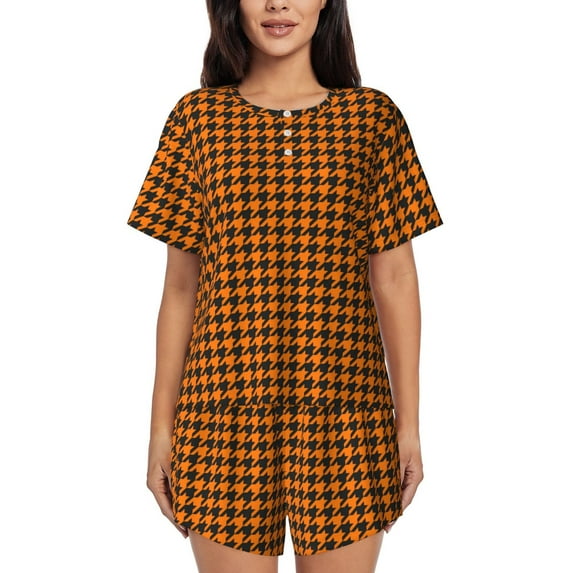 Daiia Black And Orange Houndstooth Pattern Womens Pajama Sets Short Sleeve Pajamas for Women Sets Soft Lounge Sets Casual Round Neck Sleepwear PJS-X-Large