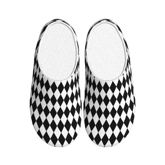 Daiia Black And White Diamonds Print Women’s Fuzzy Slippers Memory Foam Lightweight House Shoes Cozy Loafer Flannel House Shoes-35/36