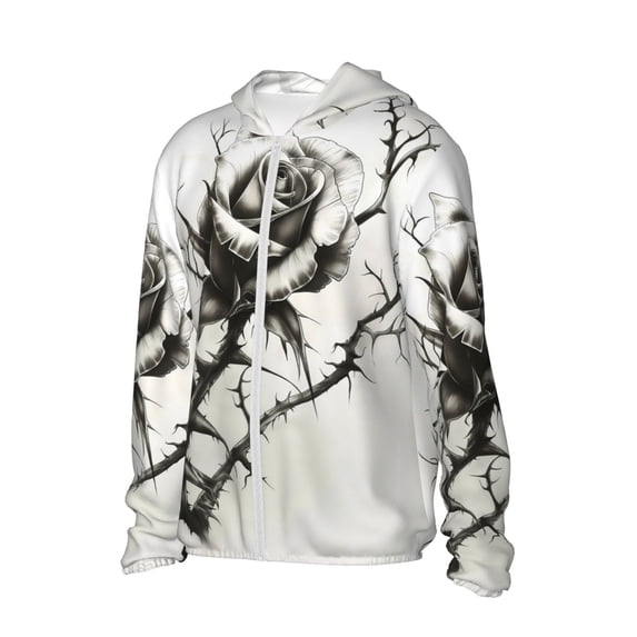 Daiia Black And White Rose UPF 50+ Sun Protection Hoodie Jacket Lightweight Long Sleeve Sun Shirt for Women Men with Pocket Hiking Outdoor-X-Large
