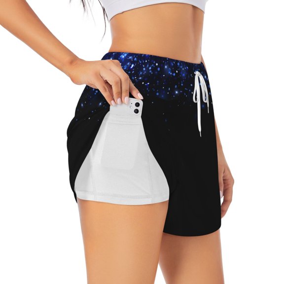 Daiia Black Blue Glitter Sparkles Pattern Women's 2 in 1 Running Shorts - Lightweight Athletic Workout Gym Yoga Shorts Liner with Phone Pockets-Large