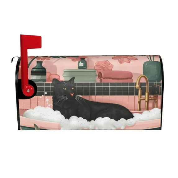 Daiia Black Cat Pink Bathroom Mailbox Cover , Magnetic Welcome Mailbox Wraps Post Letter Box Cover for Garden Yard Home Decor-25.5x21 in