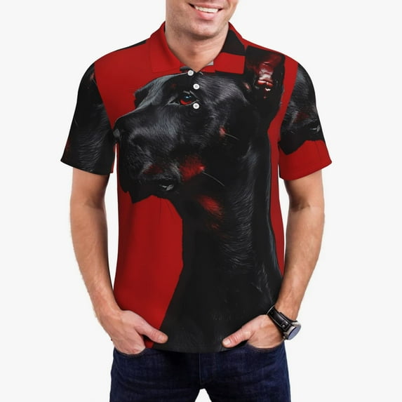 Daiia Black Dog Red Background Pattern Men’s Polo Shirts,Solid Deck Shirt,Classic Fit, Breathable Cotton Polo for Casual and Sport Wear-X-Large