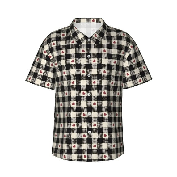 Daiia Black Plaid Heart Hawaiian Shirt for Men Gentle Cotton Regular Short Sleeve Casual-Medium