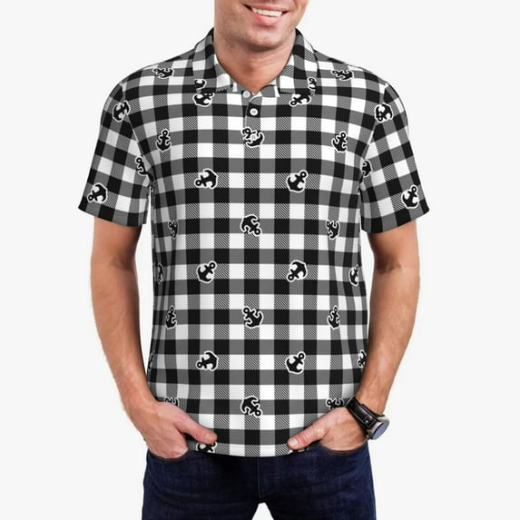 Daiia Black Tartan Plaid Pattern Men’s Polo Shirts,Solid Deck Shirt,Classic Fit, Breathable Cotton Polo for Casual and Sport Wear-XX-Large
