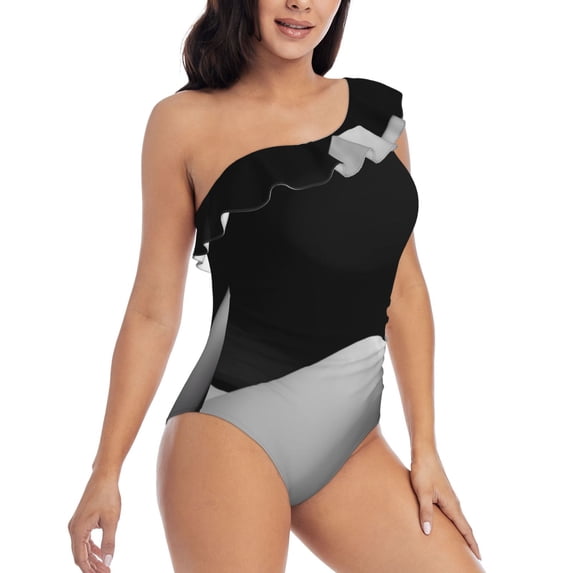 Daiia Black White Fluid Sculpture Women's One Piece Swimsuits Personalized One Shoulder Swimwear Asymmetric Ruffle Bathing Suits-Large
