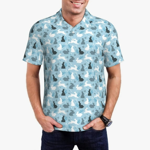 Daiia Black White Gray Rabbit Pattern Men’s Polo Shirts,Solid Deck Shirt,Classic Fit, Breathable Cotton Polo for Casual and Sport Wear-X-Large