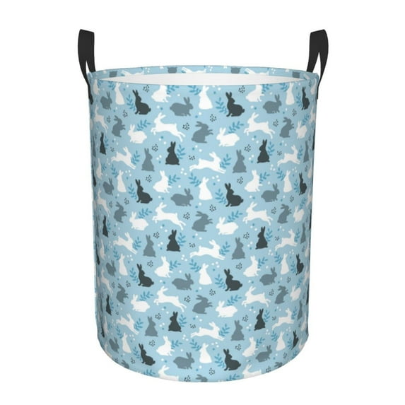 Daiia Black White Gray Rabbit Round Laundry Basket with Handles Thickened Waterproof Circular hamper,Dirty Clothes Storage Basket for Bedroom,Bathroom,College Dorm-Small