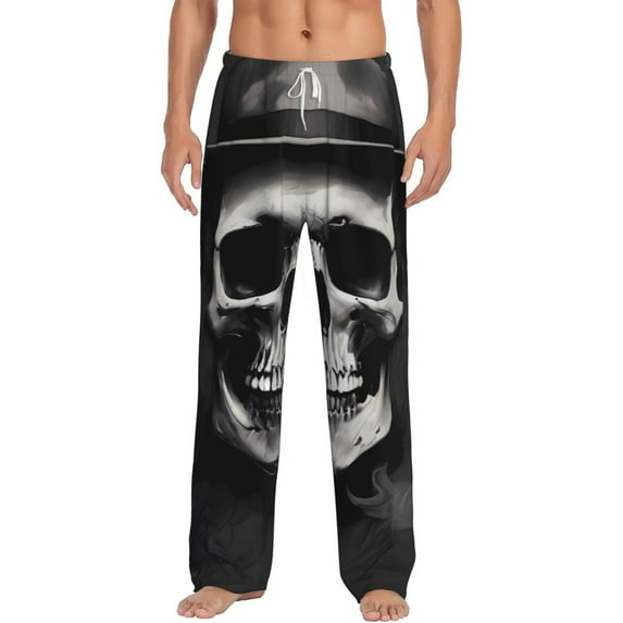Daiia Black White Hat Skull Men's Sleep Pant with Pockets and Drawstring,Pajama Pants-Small