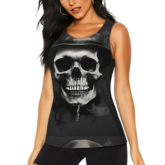 Daiia Black White Hat Skull Printed Womens Workout Tops for Women Quick-dry Tank Tops Mesh Yoga Shirts Athletic Running Tank Tops Sleeveless Gym Clothes-Large