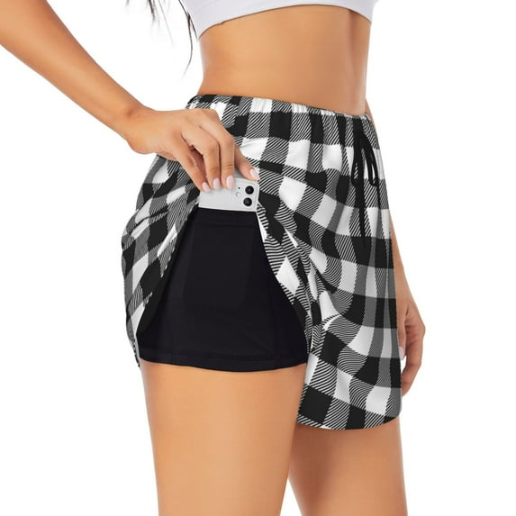 Daiia Black White Plaid Pattern Women's 2 in 1 Running Shorts - Lightweight Athletic Workout Gym Yoga Shorts Liner with Phone Pockets-Medium