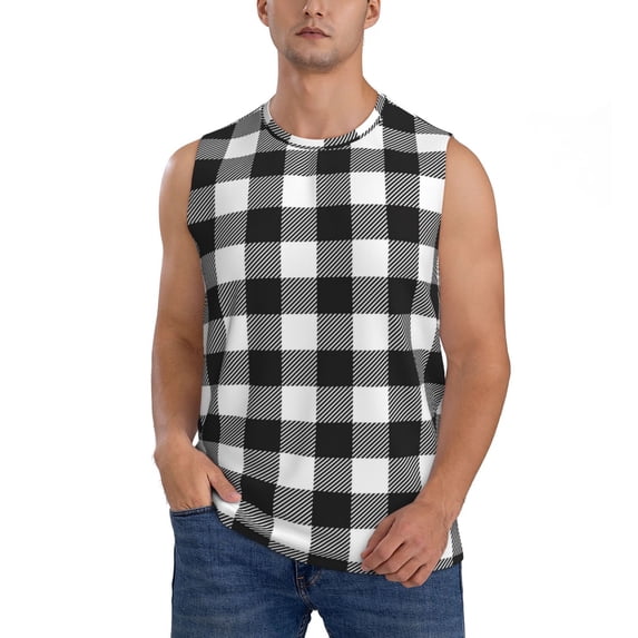 Daiia Black White Plaid Printed Men's Tank Tops,Casual Soft Sleeveless Gym Muscle Shirts Bodybuilding Tee-Small