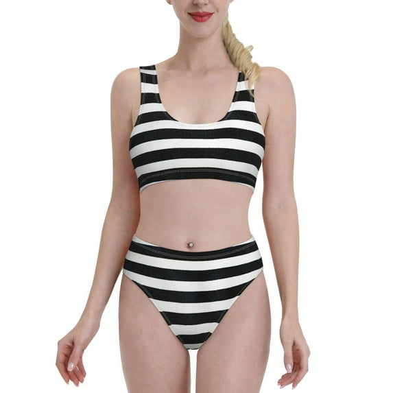 Daiia Black And White Stripes printed 2 piece Swimsuit Bikinis for Women High Waisted Racerback Bathing Suits Summer Tummy Control Scoop Neck Swimwear-Large