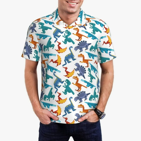 Daiia Block Dinosaur Pattern Men’s Polo Shirts,Solid Deck Shirt,Classic Fit, Breathable Cotton Polo for Casual and Sport Wear-Large