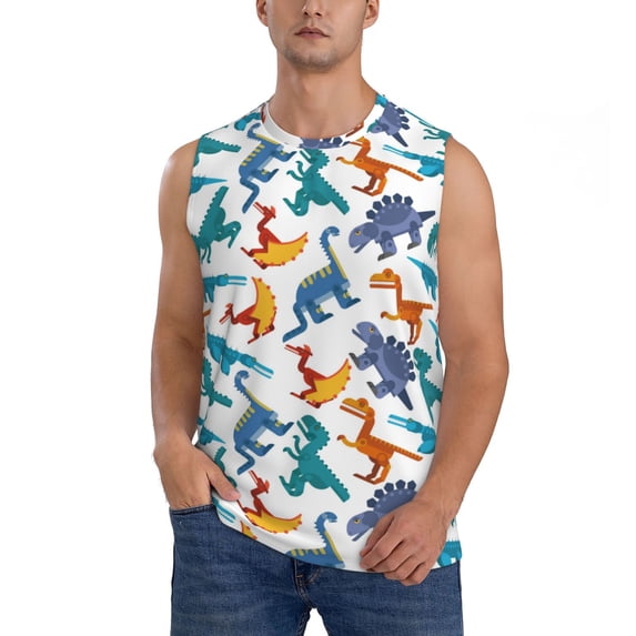 Daiia Block Dinosaur Printed Men's Tank Tops,Casual Soft Sleeveless Gym Muscle Shirts Bodybuilding Tee-Small