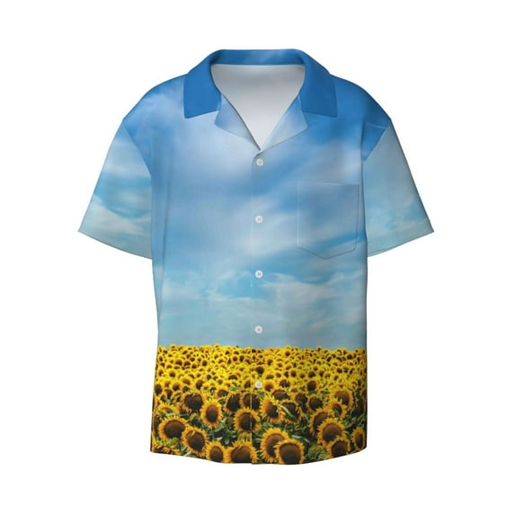 Daiia Blooming Sunflower Field Men's Linen Shirts Short Sleeve Casual Shirts Button Down Shirt for Men Beach Summer Wedding Shirt-3X-Large