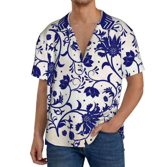 Daiia Blue And White Porcelain Pattern Men's Linen Shirts Short Sleeve Casual Shirts Button Down Shirt for Men Beach Summer Wedding Shirt-Medium