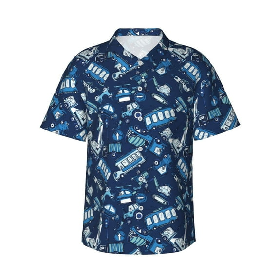 Daiia Blue Bus Hawaiian Shirt for Men Gentle Cotton Regular Short Sleeve Casual-3X-Large